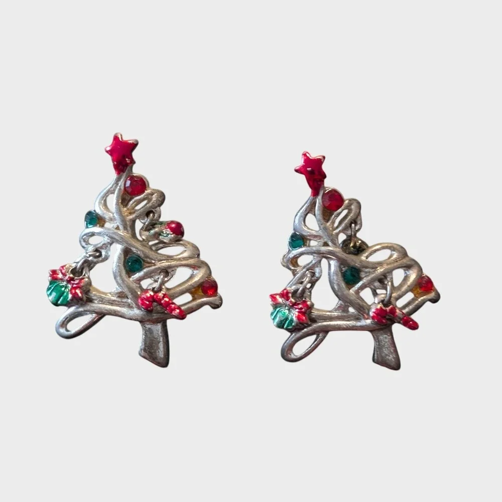 Vintage Unbranded Christmas Tree Earrings Women OS Silver Red Green Enamel Studs - Picture 3 of 6